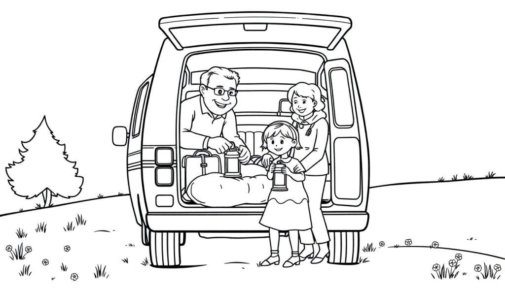 Kleurplaat van een gezin dat aankomt op de camping, met de vader die een lantaarn vasthoudt.