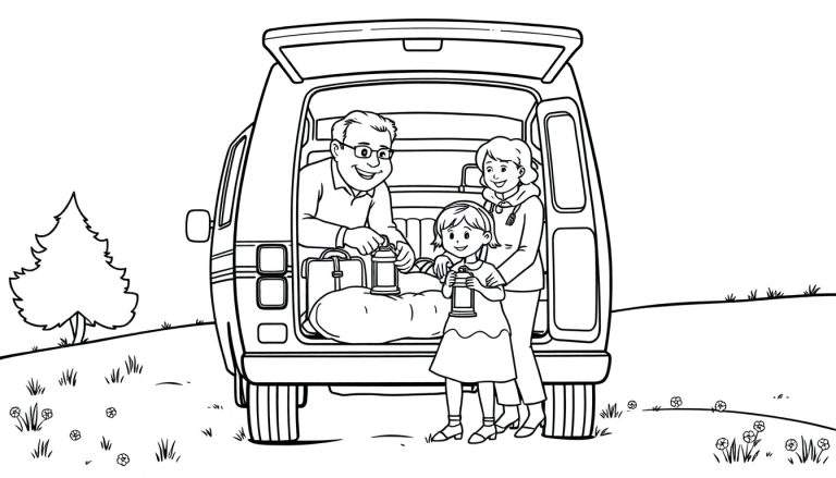 Kleurplaat van een gezin dat aankomt op de camping, met de vader die een lantaarn vasthoudt.