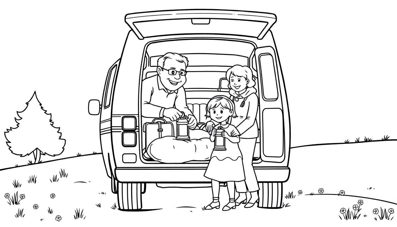 Kleurplaat van een gezin dat aankomt op de camping, met de vader die een lantaarn vasthoudt.