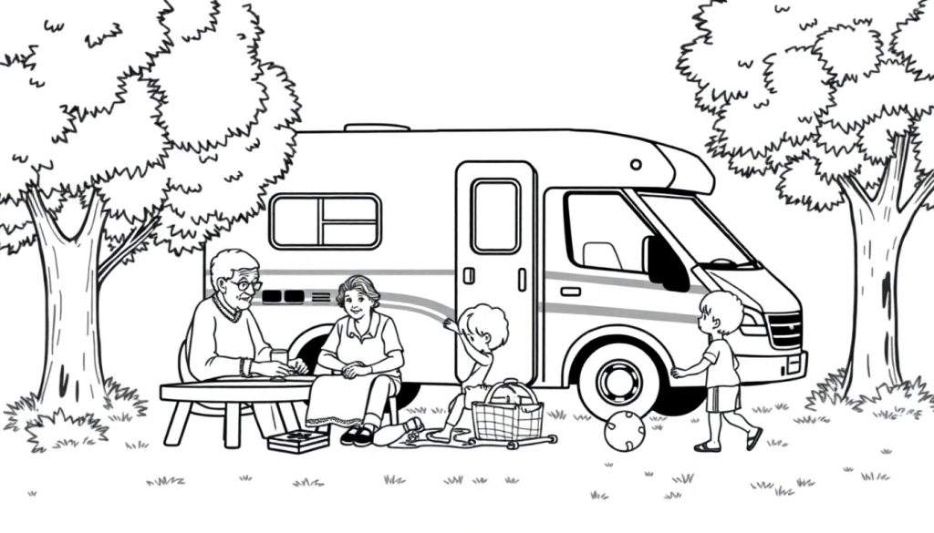 Kleurplaat van een kampeertrip met opa, oma, camper en kinderen.