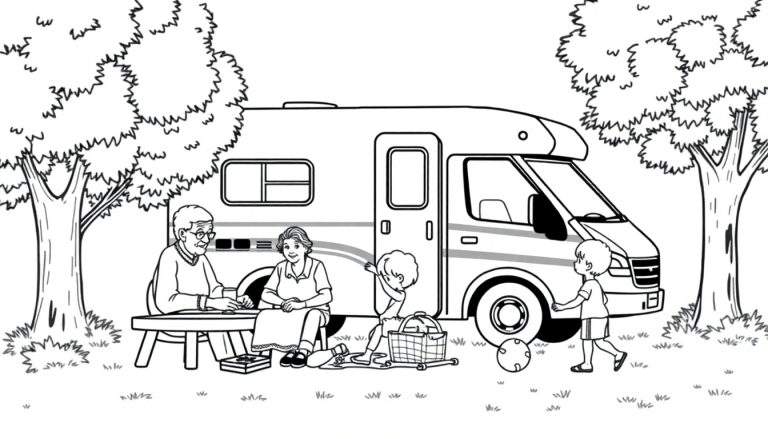 Kleurplaat van een kampeertrip met opa, oma, camper en kinderen.