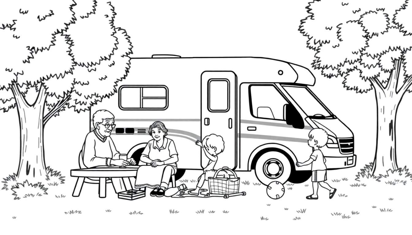 Kleurplaat van een kampeertrip met opa, oma, camper en kinderen.