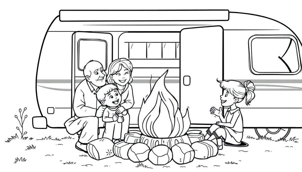 Kleurplaat van een kamperend gezin met opa, oma, een jongetje en een meisje bij een caravan en kampvuur.