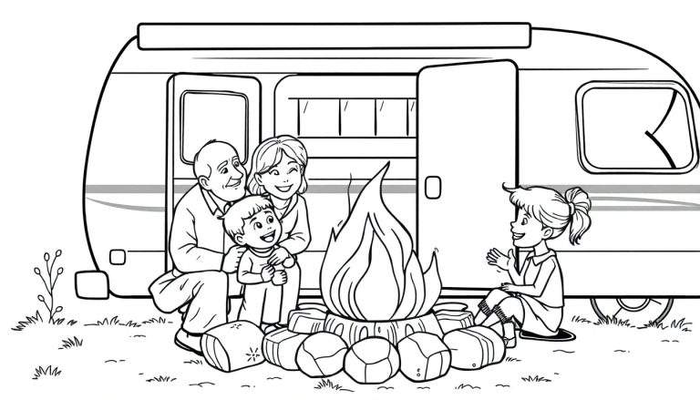 Kleurplaat van een kamperend gezin met opa, oma, een jongetje en een meisje bij een caravan en kampvuur.