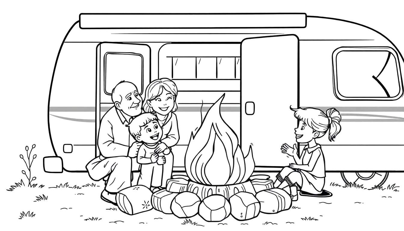Kleurplaat van een kamperend gezin met opa, oma, een jongetje en een meisje bij een caravan en kampvuur.