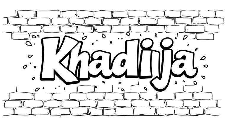 Stoere kleurplaat met graffiti van de naam Khadija op een bakstenen muur.