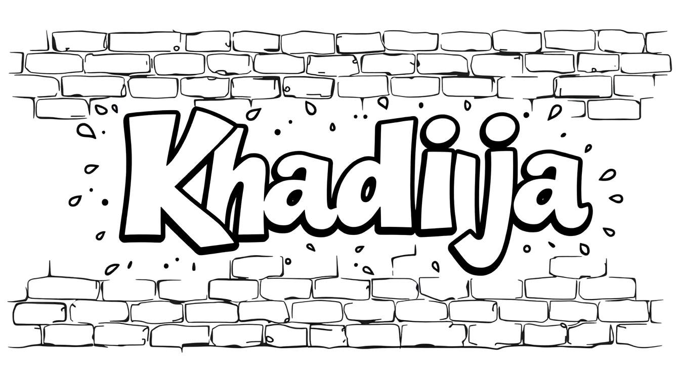 Stoere kleurplaat met graffiti van de naam Khadija op een bakstenen muur.