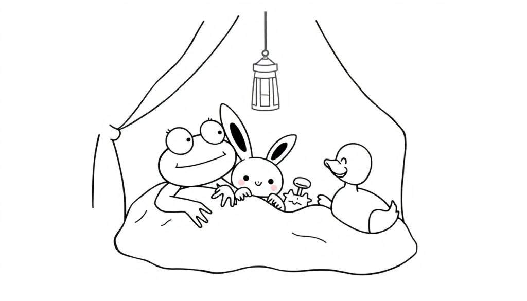 Kleurplaat van een lachende kikker met bril, een schattig konijn en een eend die in een bed slapen onder een baldakijn met een lantaarn.