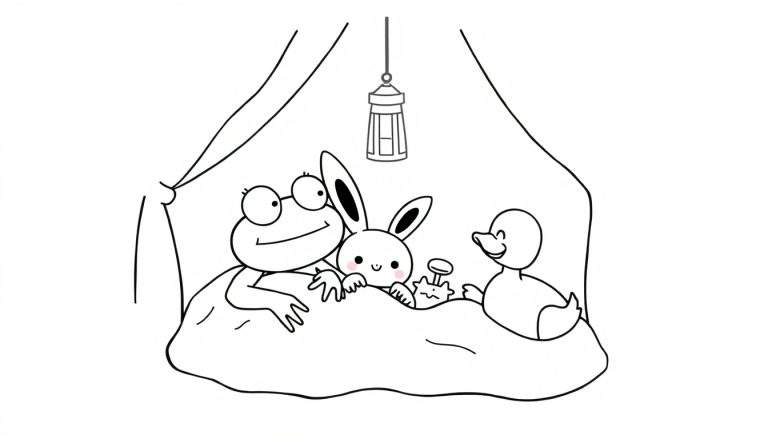 Kleurplaat van een lachende kikker met bril, een schattig konijn en een eend die in een bed slapen onder een baldakijn met een lantaarn.