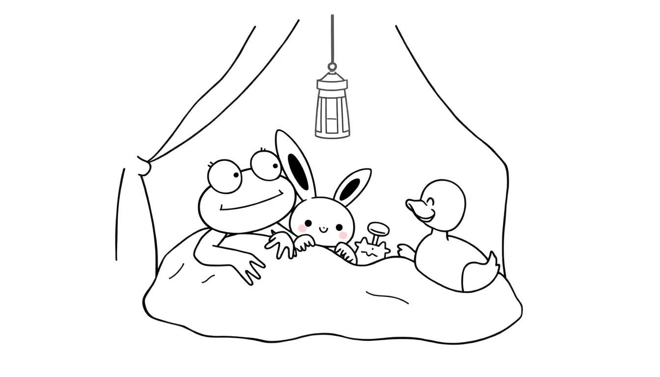 Kleurplaat van een lachende kikker met bril, een schattig konijn en een eend die in een bed slapen onder een baldakijn met een lantaarn.