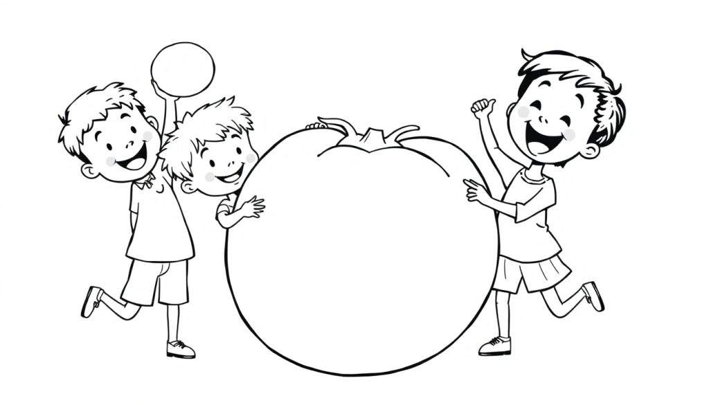 Zwart-witte kleurplaat van lachende kinderen die spelen met een grote tomaat.