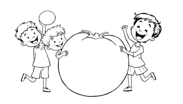 Zwart-witte kleurplaat van lachende kinderen die spelen met een grote tomaat.