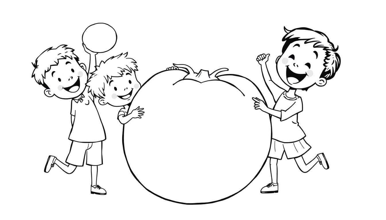 Zwart-witte kleurplaat van lachende kinderen die spelen met een grote tomaat.