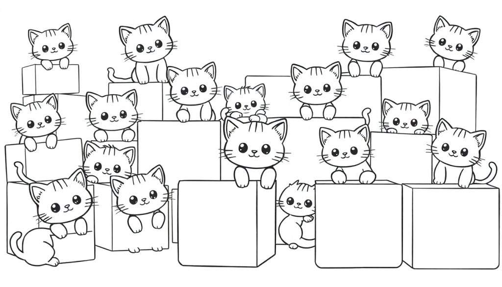 Zwart-wit kleurplaat van 15 schattige cartoonkatten die spelen met blokken.