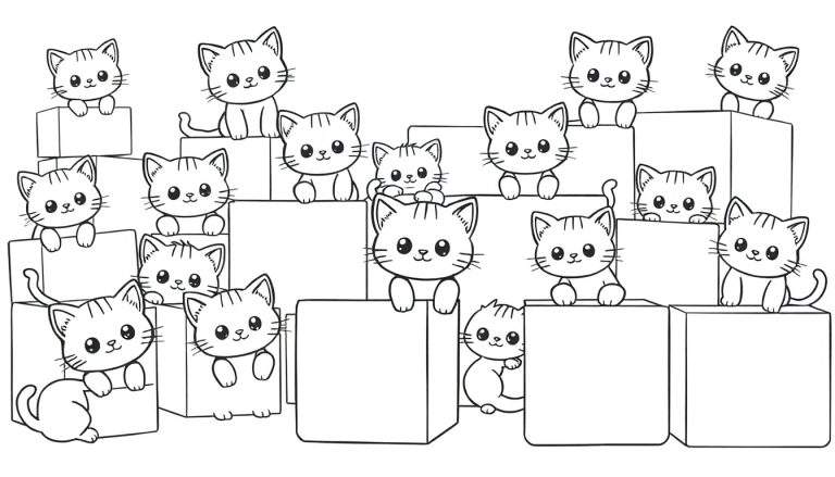 Zwart-wit kleurplaat van 15 schattige cartoonkatten die spelen met blokken.