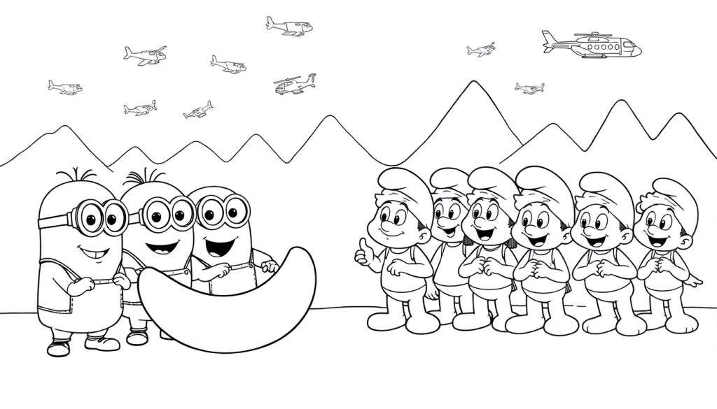 Kleurplaat met Minions en Smurfen bij bergen met vliegtuigen.