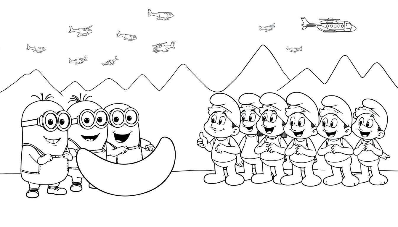 Kleurplaat met Minions en Smurfen bij bergen met vliegtuigen.