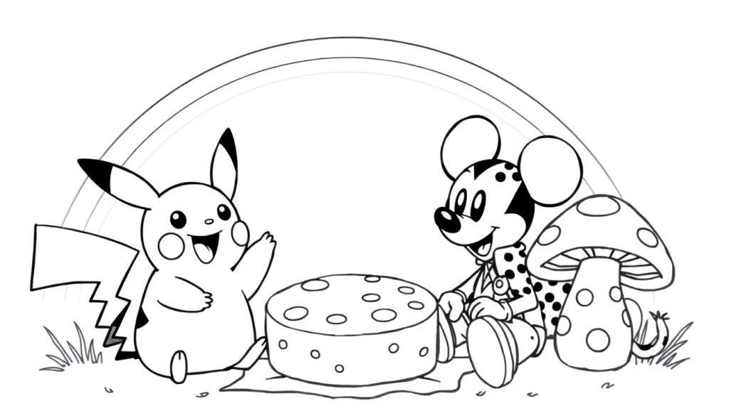 Zwart-wit kleurplaat van Pikachu, Mickey Mouse en een jachtluipaard die picknicken onder een regenboog met kaas en een paddenstoel.