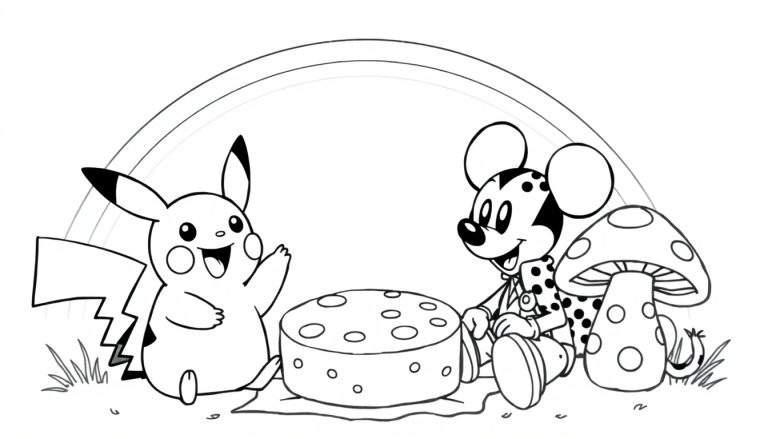 Zwart-wit kleurplaat van Pikachu, Mickey Mouse en een jachtluipaard die picknicken onder een regenboog met kaas en een paddenstoel.