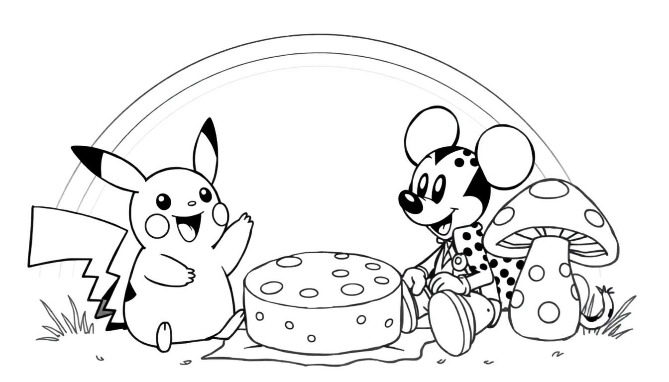 Zwart-wit kleurplaat van Pikachu, Mickey Mouse en een jachtluipaard die picknicken onder een regenboog met kaas en een paddenstoel.