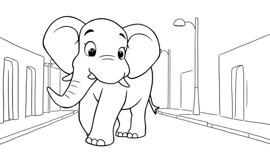 Kleurplaat van een cartoonolifant op straat.