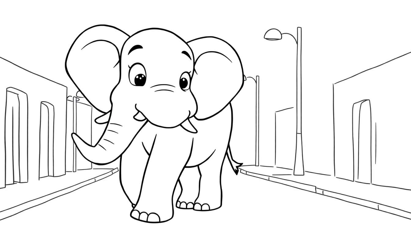 Kleurplaat van een cartoonolifant op straat.