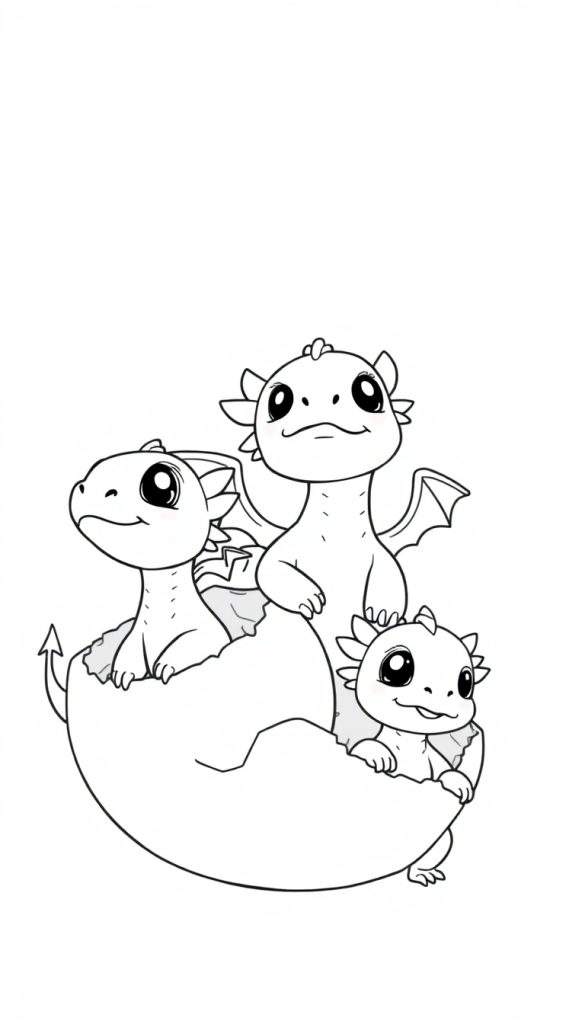 Kleurplaat van drie schattige baby draakjes die uit hun eieren komen.