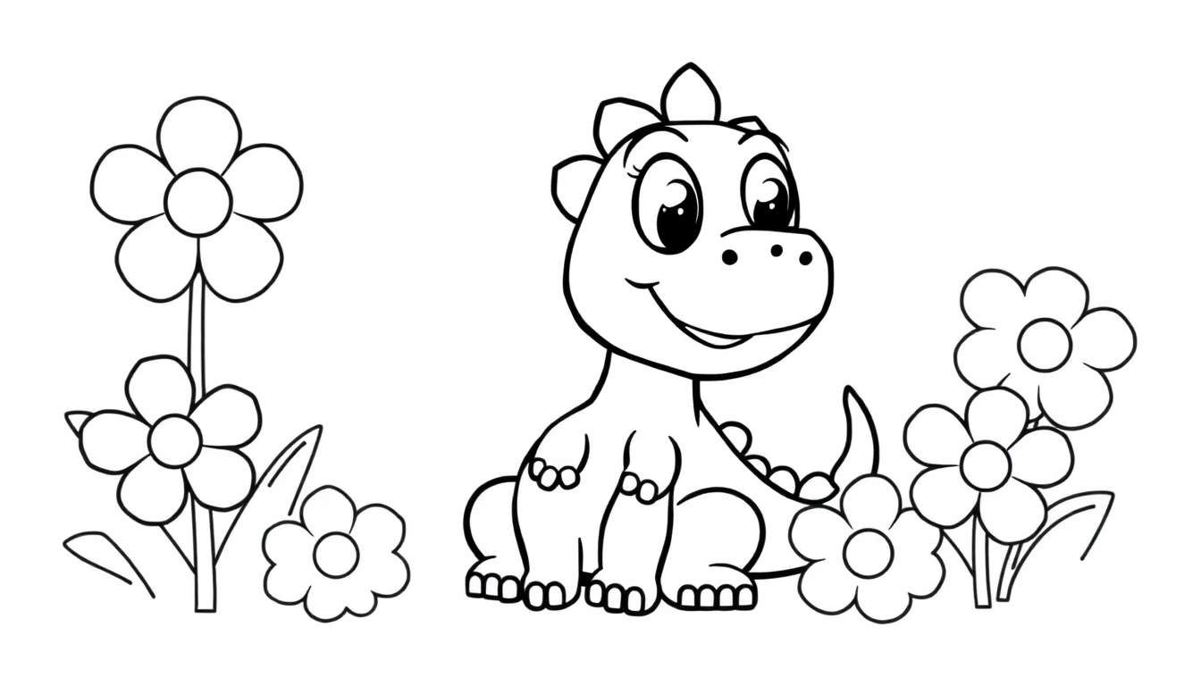 Zwart-witte kleurplaat van een schattige babydinosaurus in bloemen.