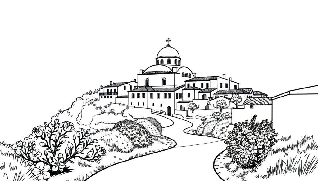 Zwart-wit kleurplaat van een Grieks dorp op een heuvel met een Byzantijnse kerk.