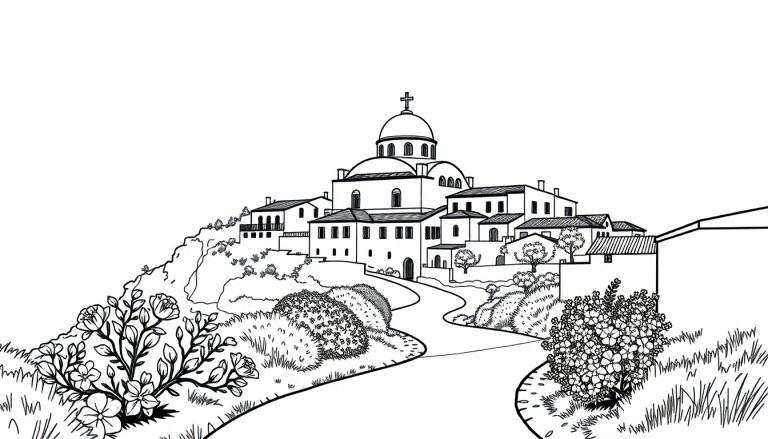 Zwart-wit kleurplaat van een Grieks dorp op een heuvel met een Byzantijnse kerk.