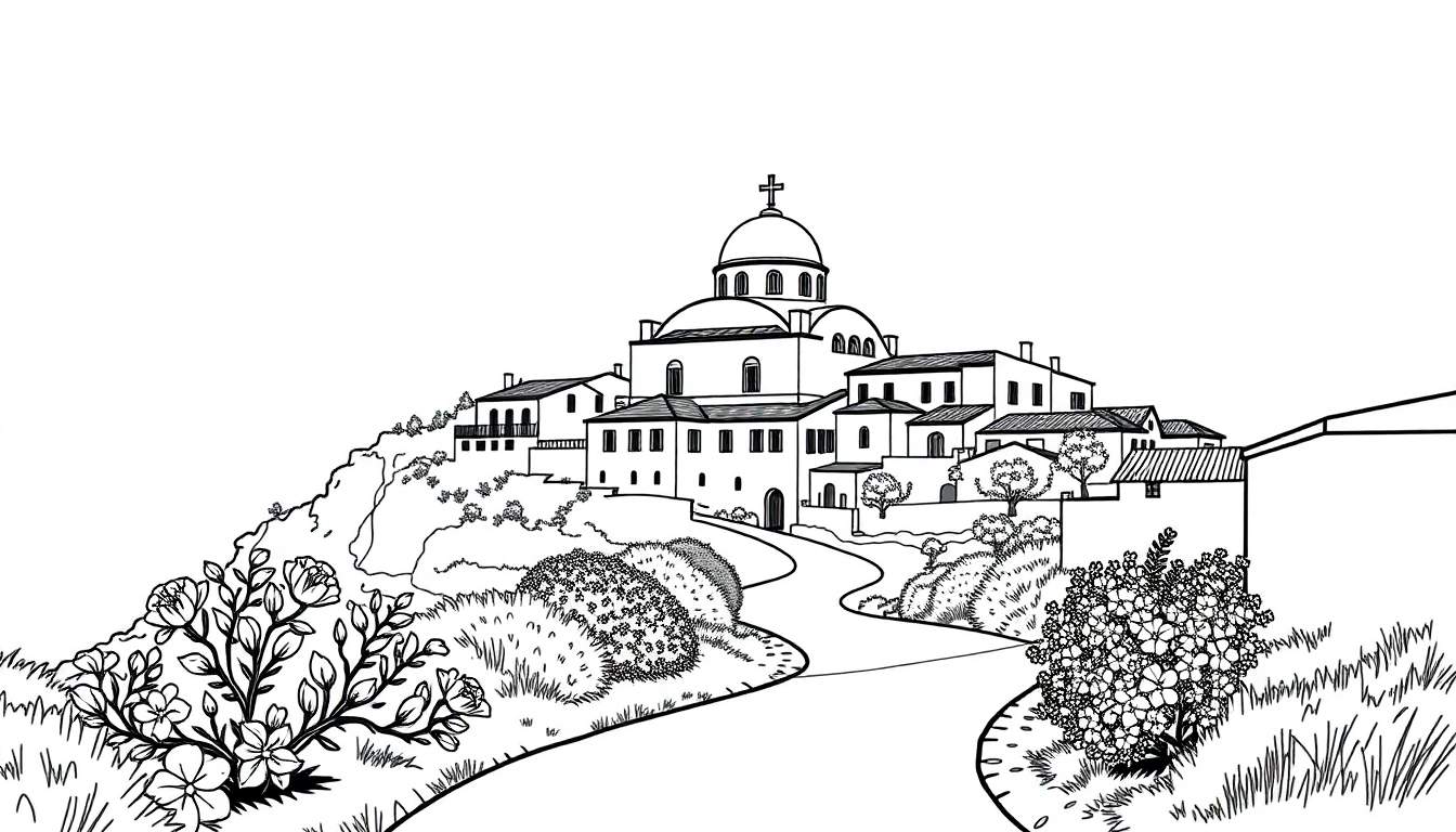 Zwart-wit kleurplaat van een Grieks dorp op een heuvel met een Byzantijnse kerk.