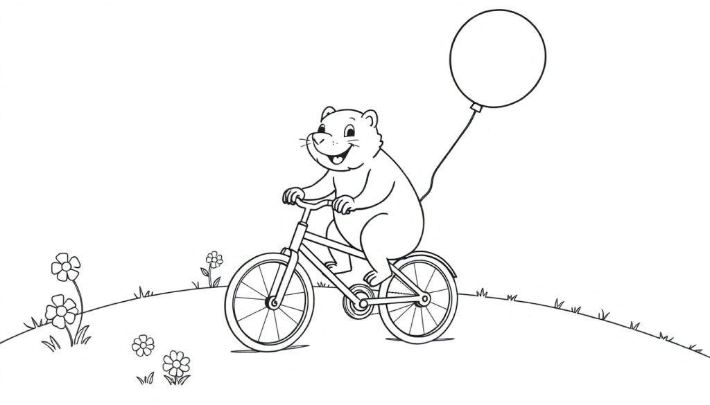 Kleurplaat van een lachende bever op een fiets met een ballon.