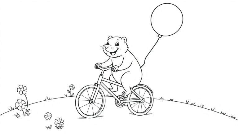 Kleurplaat van een lachende bever op een fiets met een ballon.