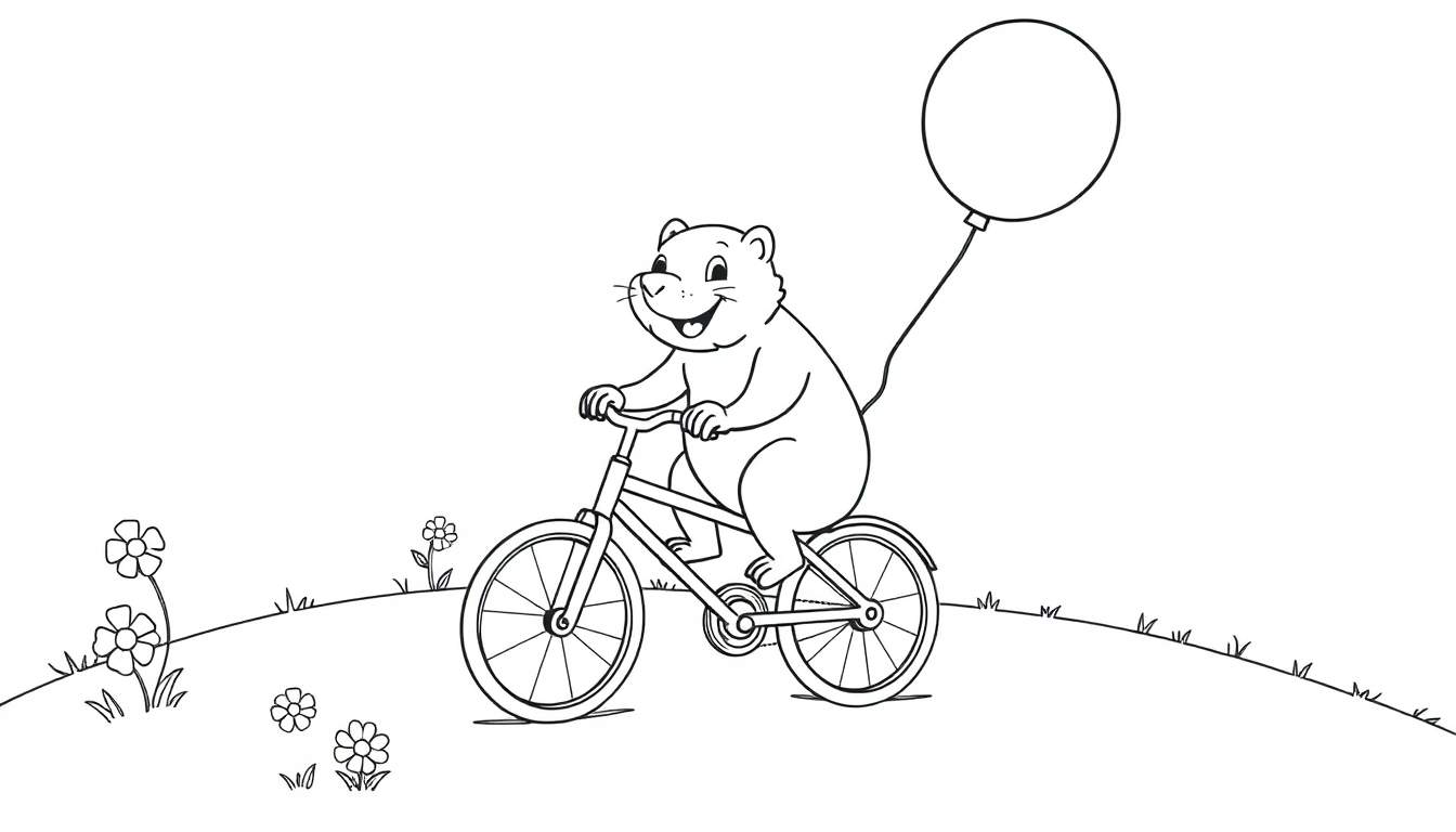 Kleurplaat van een lachende bever op een fiets met een ballon.