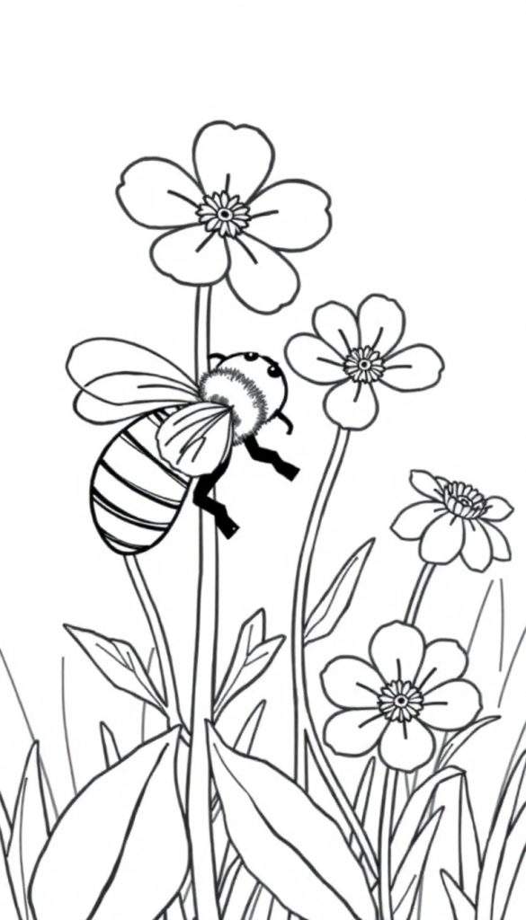 Een zwart-wit kleurplaat van een bij in een bloemenveld.