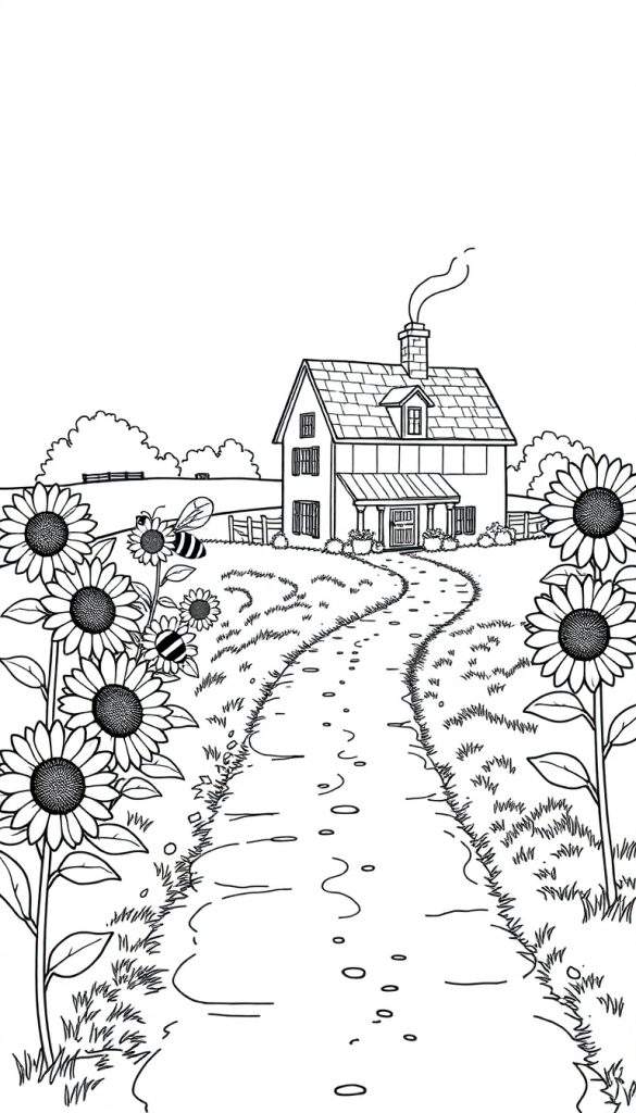 Kleurplaat van een boerderij met zonnebloemen en een bij.