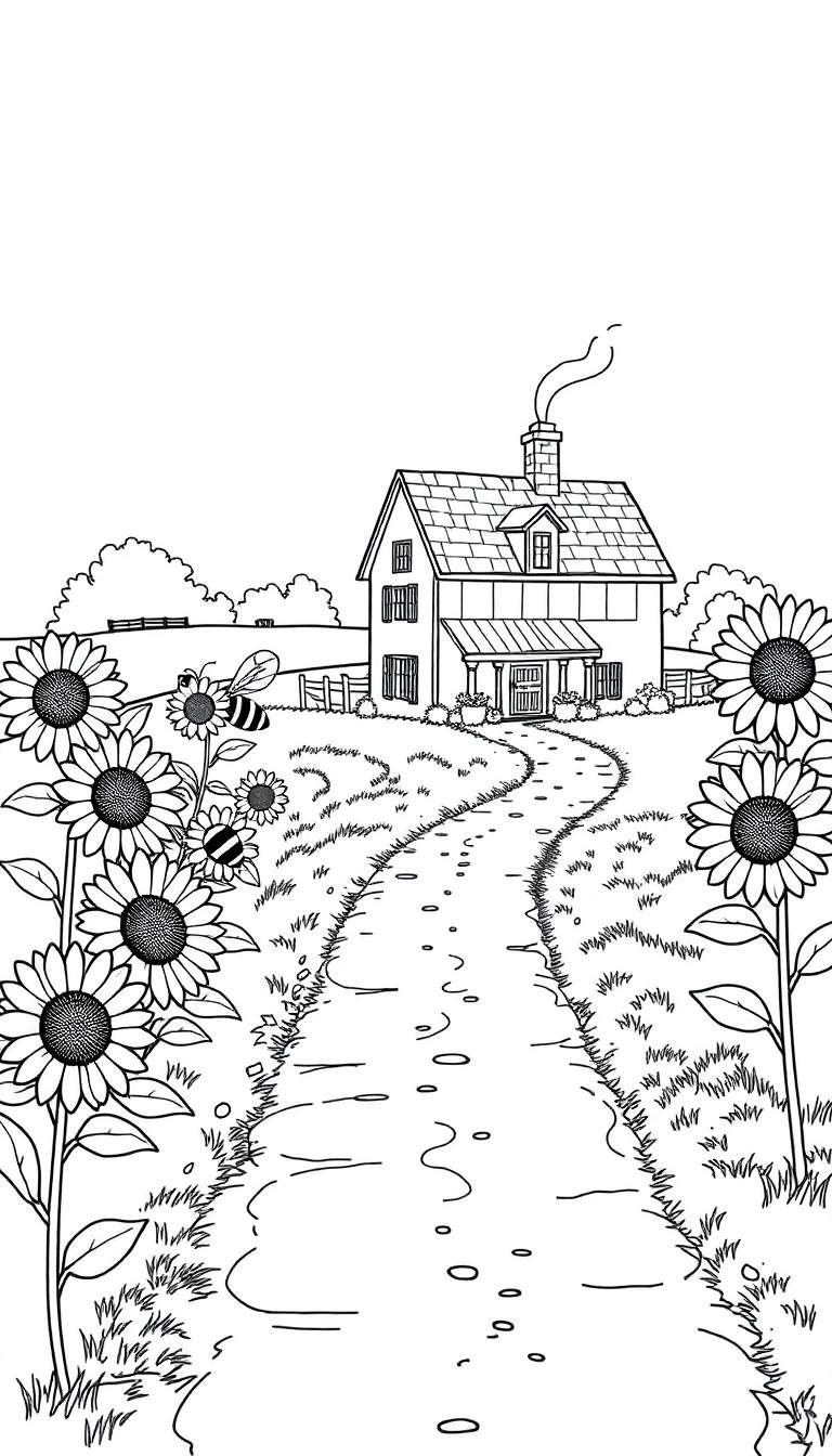 Kleurplaat van een boerderij met zonnebloemen en een bij.