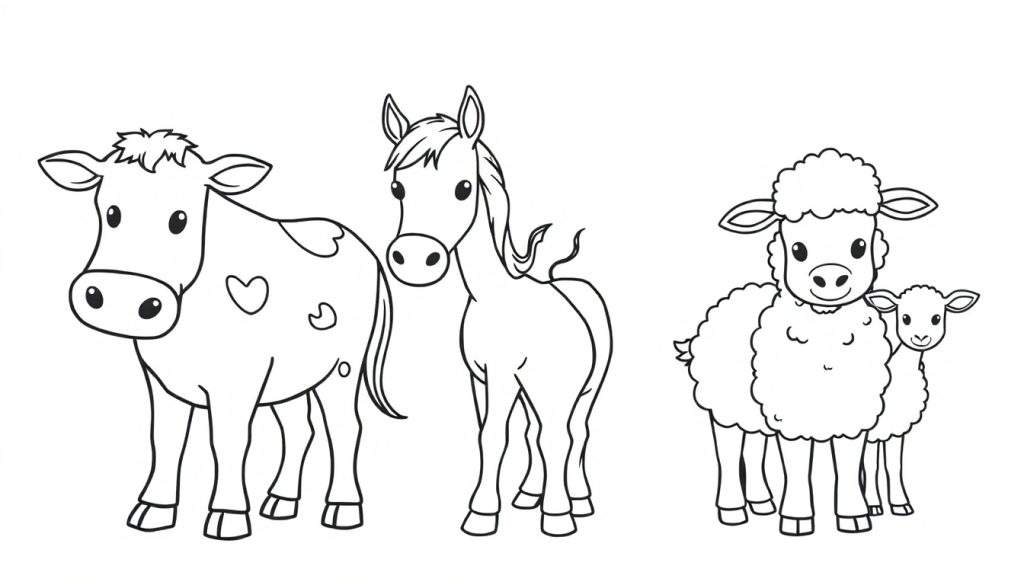 Kleurplaat van een koe, paard en schapen