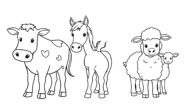 Kleurplaat van een koe, paard en schapen