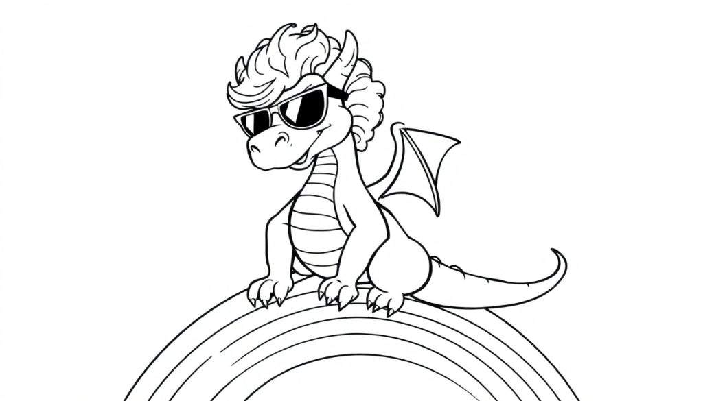 Kleurplaat van een coole cartoon draak met zonnebril en krullend haar, zittend op een regenboog.