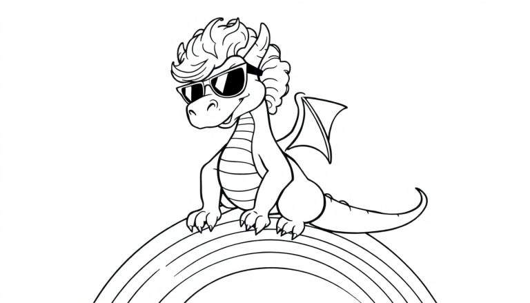 Kleurplaat van een coole cartoon draak met zonnebril en krullend haar, zittend op een regenboog.