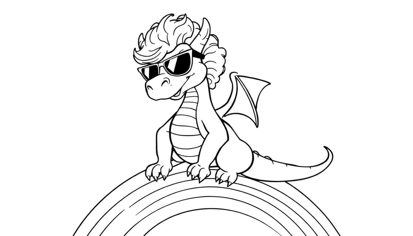 Kleurplaat van een coole cartoon draak met zonnebril en krullend haar, zittend op een regenboog.