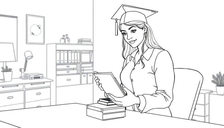 Een zwart-wit kleurplaat van een afgestudeerde vrouw met een mortierbord, zittend aan haar bureau en lezend op een tablet.
