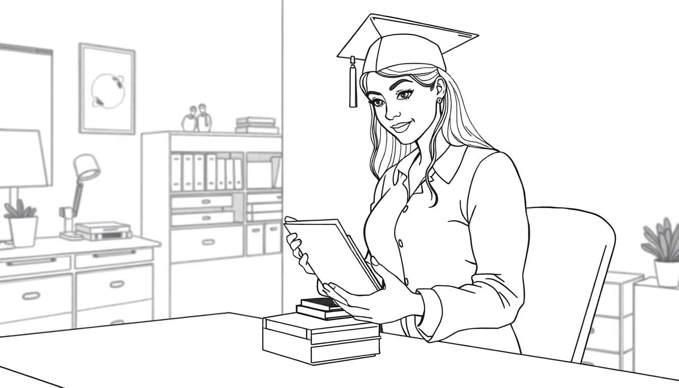Een zwart-wit kleurplaat van een afgestudeerde vrouw met een mortierbord, zittend aan haar bureau en lezend op een tablet.