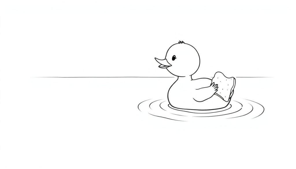 Kleurplaat van een schattige rubberen eend die brood eet in het water.