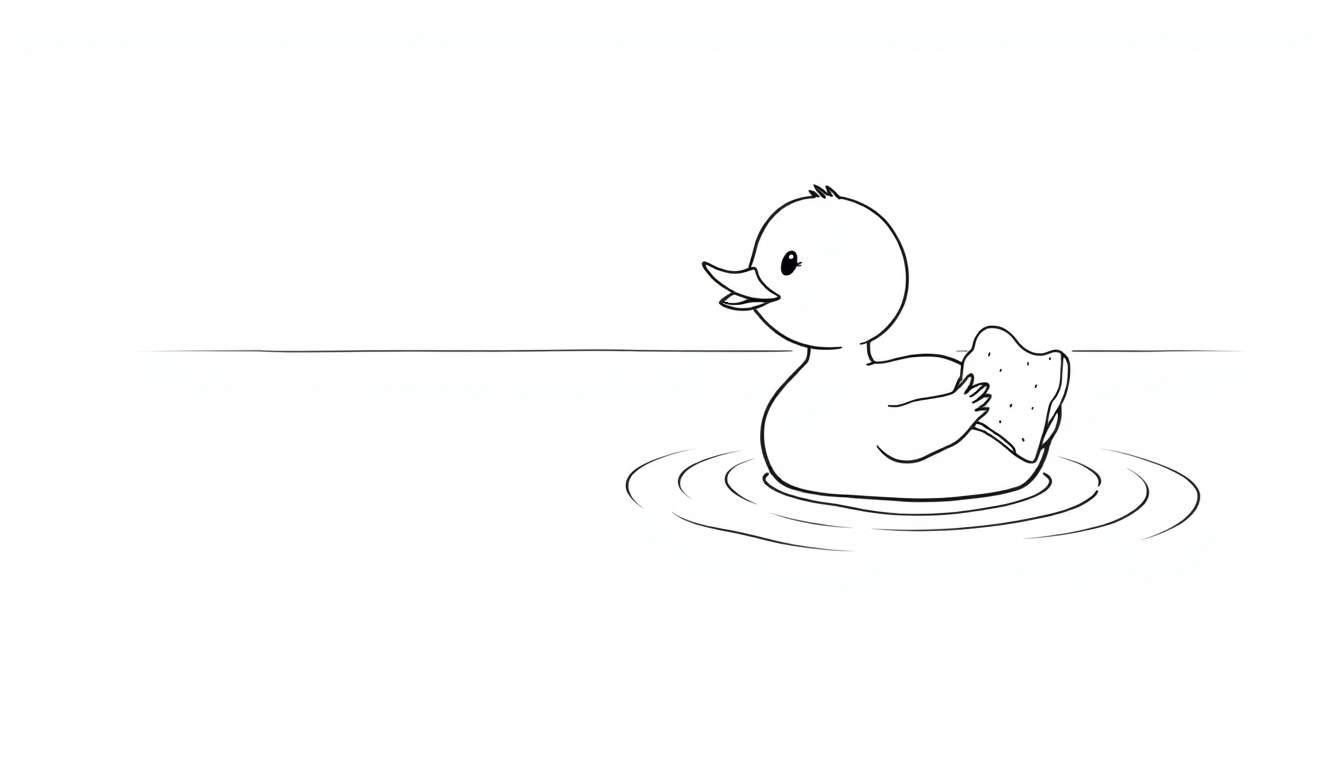 Kleurplaat van een schattige rubberen eend die brood eet in het water.