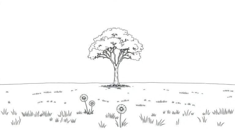 Kleurplaat van een boom in een veld.