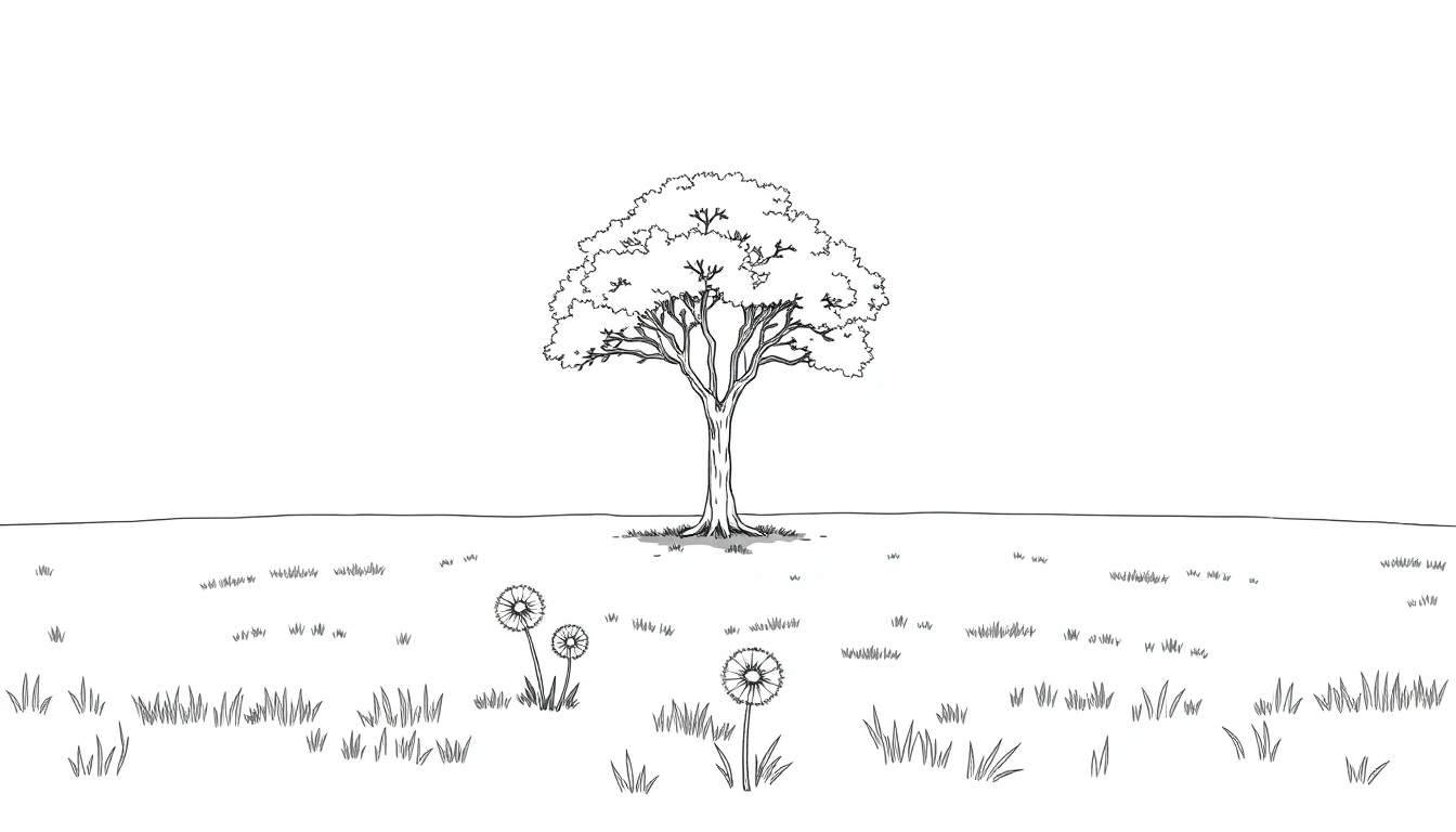 Kleurplaat van een boom in een veld.