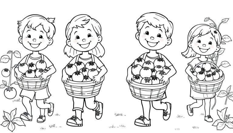 Kleurplaat van vier blije kinderen die manden vol rode tomaten dragen in een veld.