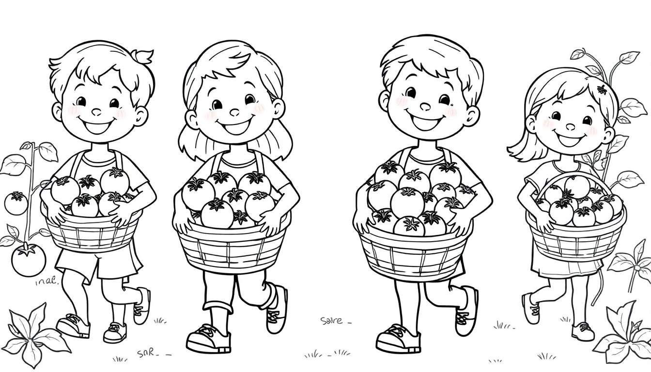 Kleurplaat van vier blije kinderen die manden vol rode tomaten dragen in een veld.